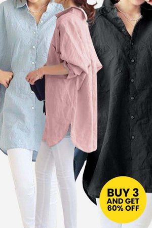 Women wearing oversized linen shirts in blue, pink, and black colors with long sleeves and relaxed fit.