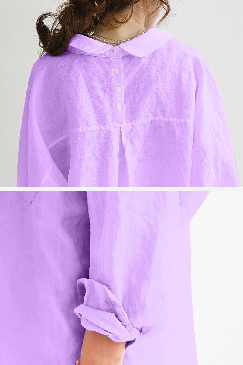 Lightweight oversized linen shirt in pastel purple with buttoned back and rolled-up sleeves, breathable and breathable fabric design.