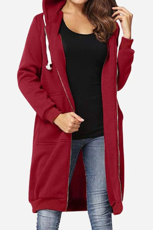 women's oversized long zip sweatshirt hoodie in red with fleece lining and front pockets