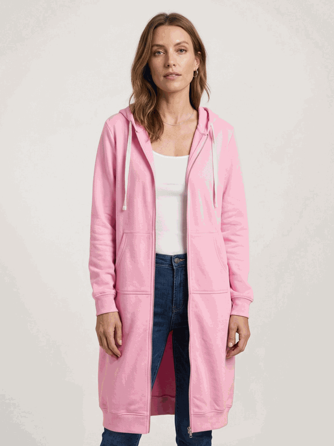 Oversized long zip sweatshirt hoodie with fleece lining and large front pockets