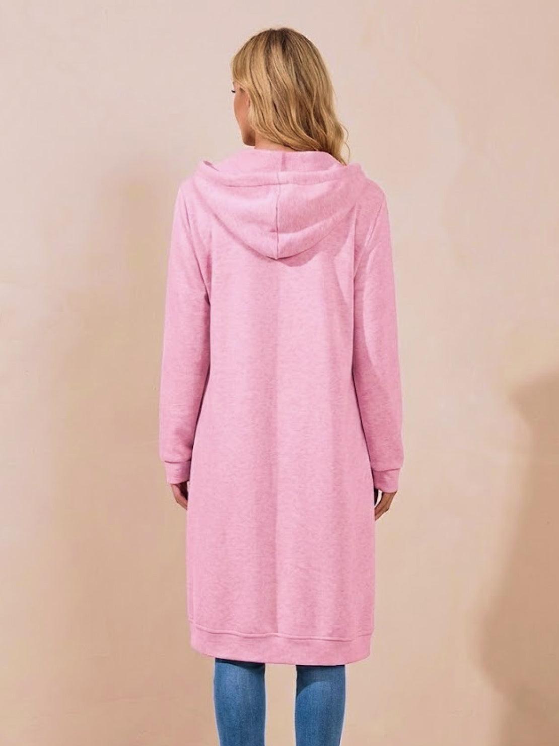 Back view of oversized long zip sweatshirt hoodie in pink with hood and long sleeves