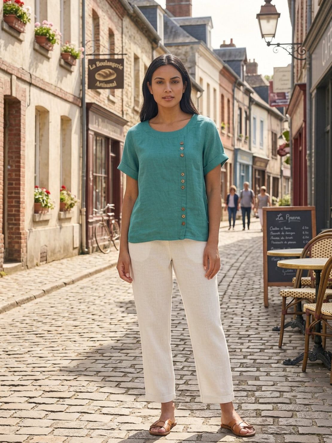 Relaxed Fit Linen Button-Up Tee in breathable cotton and linen with short sleeves and button detail