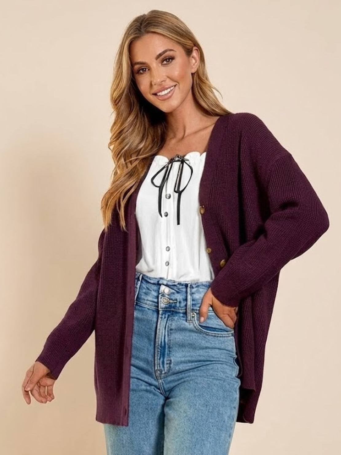 relaxed fit oversized purple knitwear cardigan with buttons worn by woman