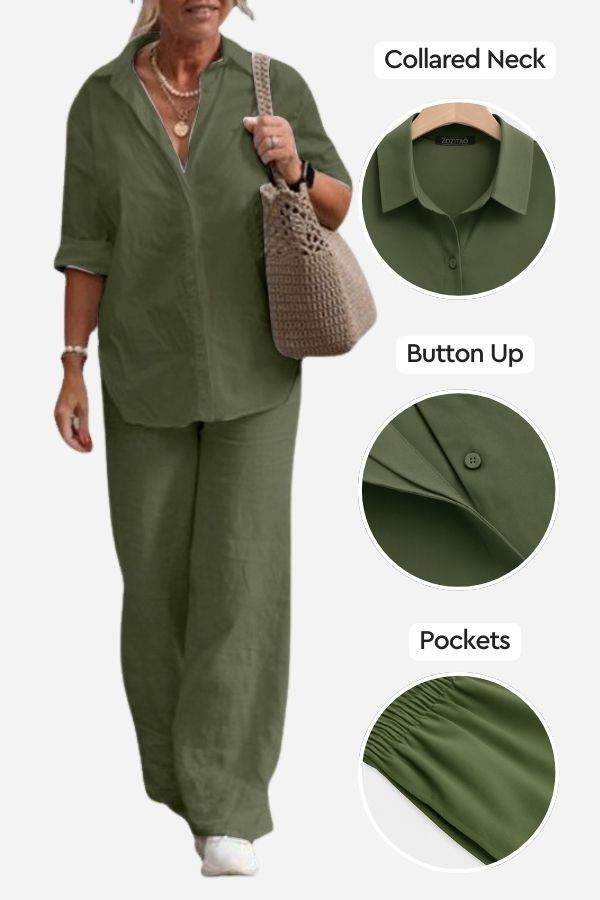 Olive green relaxed shirt and trousers two-piece set with collared neck, button-up front, and pockets, styled casually for comfort and fashion.