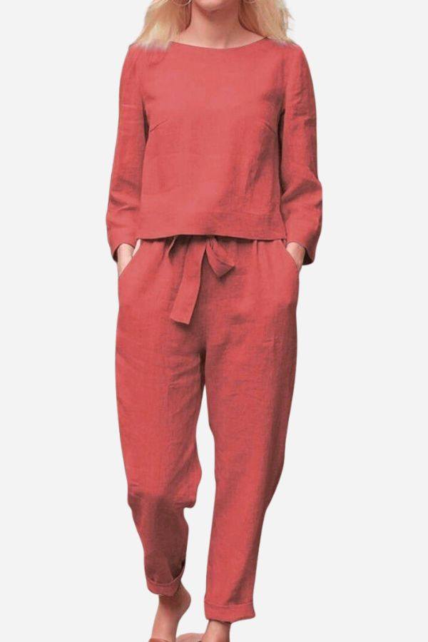 red 100 cotton linen monochrome two piece women's set with long sleeves and drawstring pants
