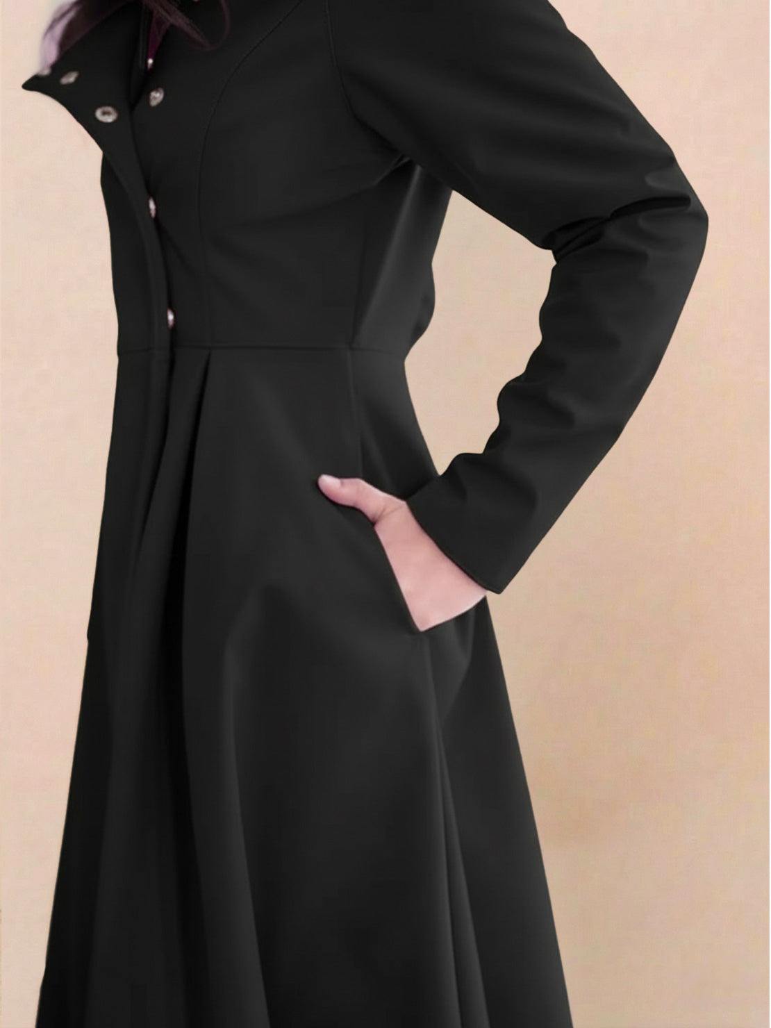 Women's water-repellent A-line raincoat with hood and belt, elegant and insulated for warmth and weather resistance