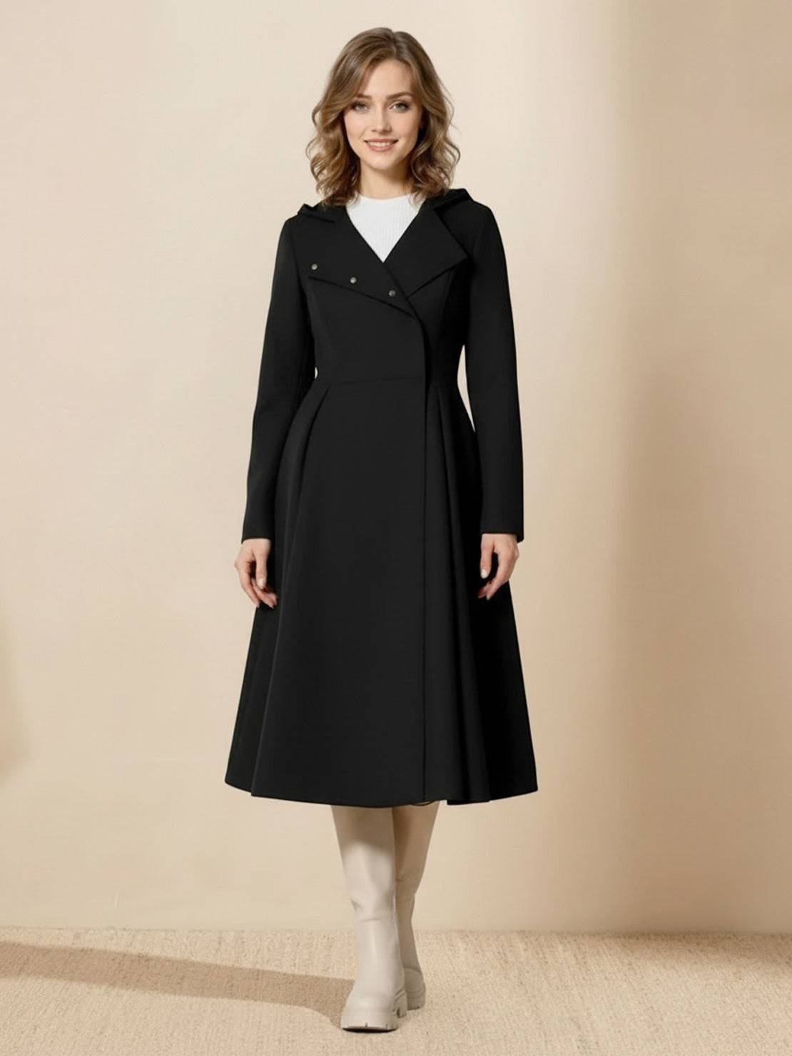 Water-repellent A-line hooded raincoat for women with insulated lining and belt