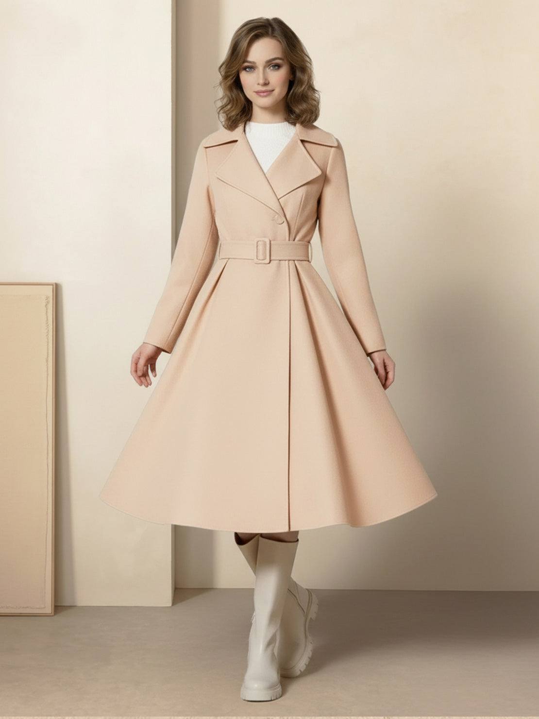 Women wearing water-repellent A-line hooded raincoat with belt outdoors