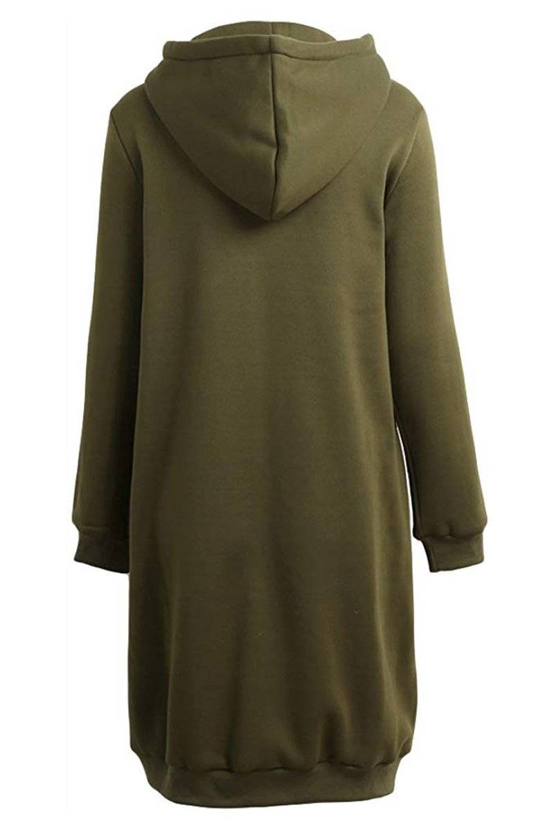 Olive oversized long zip sweatshirt hoodie with fleece lining and hood, back view