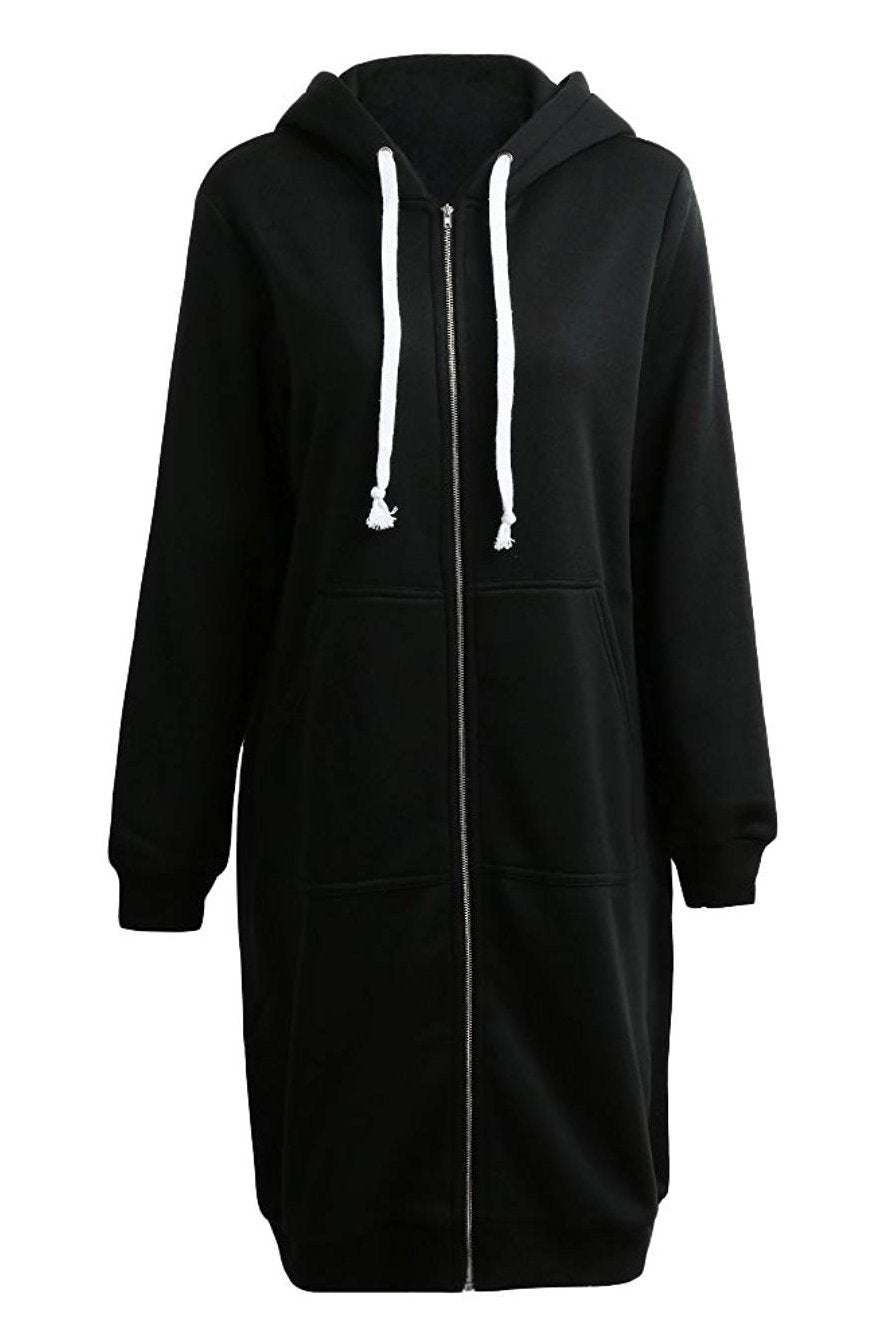 Black oversized long zip sweatshirt hoodie with fleece lining and white drawstrings