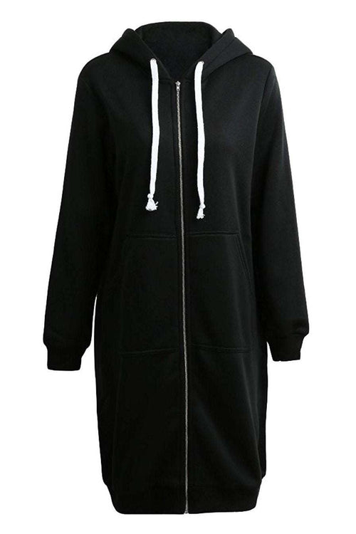 Oversized long zip sweatshirt hoodie in black with drawstring hood and front pockets
