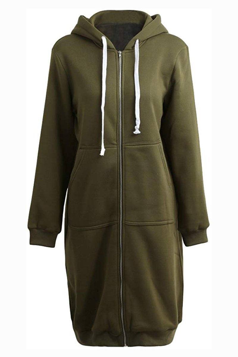 Oversized long zip sweatshirt hoodie in olive green with fleece lining and drawstring hood