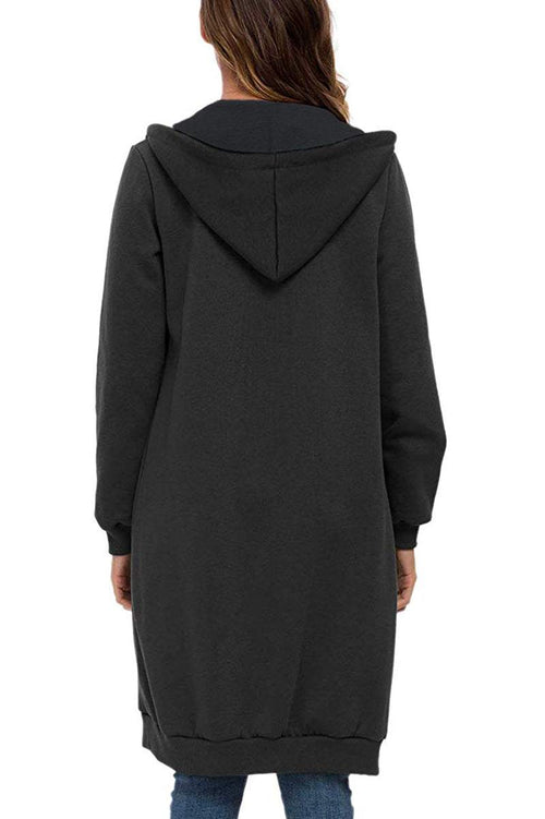 Back view of oversized long zip sweatshirt hoodie in black with hood and relaxed fit, part of Christmas Collection.