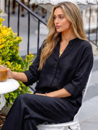 woman in 100% cotton double comfort two-piece set in vibrant yellow