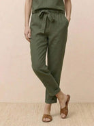 Breathable cotton linen monochrome straight-leg pants with adjustable drawstring waist and natural texture