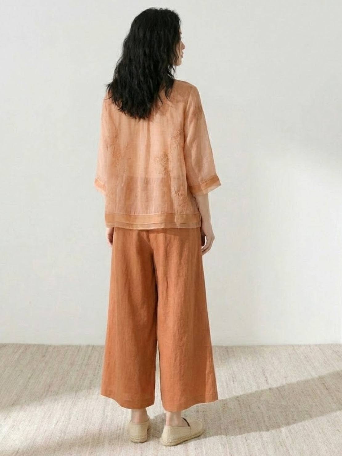 100% Cotton Linen Tuscany Rise 2 Piece Set with sheer embroidered top and wide-leg linen trousers in natural breathable fabric