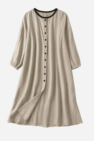 100% linen oversized button-down tunic dress in neutral grey with black contrast collar and buttons
