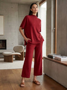 Cotton-blend capelet lounge set with mock neck top and wide-leg pants in multiple colors