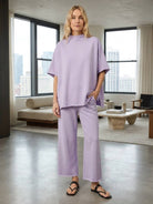 cotton-blend capelet lounge set with mock neck top and wide-leg pants in chocolate brown
