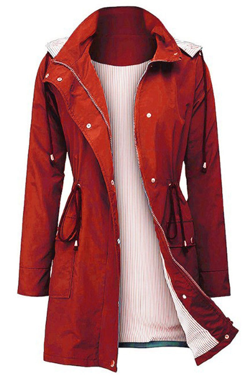 Red water resistant hooded windbreaker jacket with striped lining and adjustable waist cinch for women