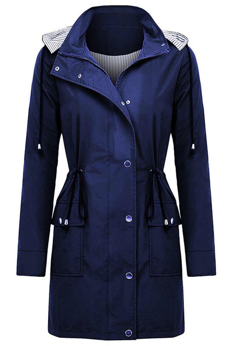 Navy blue water resistant windbreaker jacket with hood and striped inner lining for women
