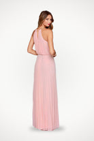 Woman wearing pink sleeveless belted maxi pleated dress back view on white background