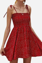 Bohemian skater dress in red with white polka dots and sling knot straps, summer mini dress