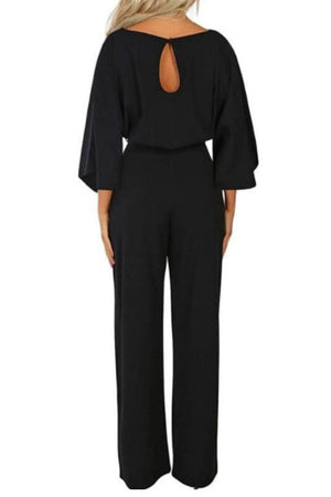 Black casual long sleeve belted jumpsuit with back keyhole and batwing sleeves