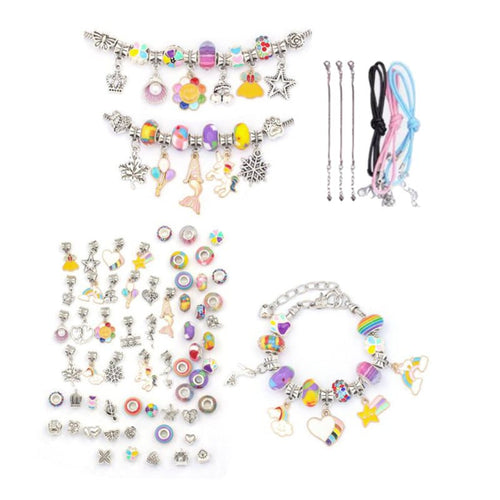 Kids bracelet-making kit with colorful beads, charms, and adjustable chains for creative jewelry crafting.
