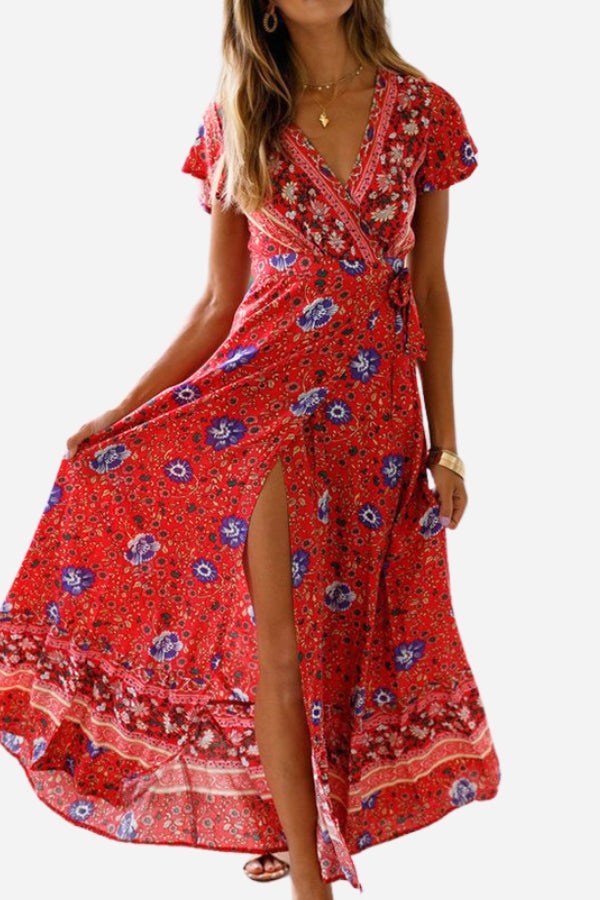 Bohemian floral print red wrap dress with V-neck and high slit, soft cotton fabric, ruffle skirt, short sleeves, adjustable waist tie, stylish and comfy maxi dress for all seasons