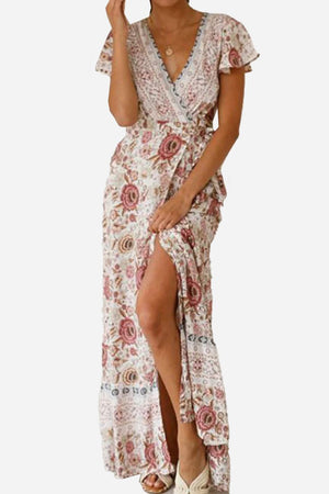 Bohemian floral print wrap dress with V-neck and high slit in soft cotton material