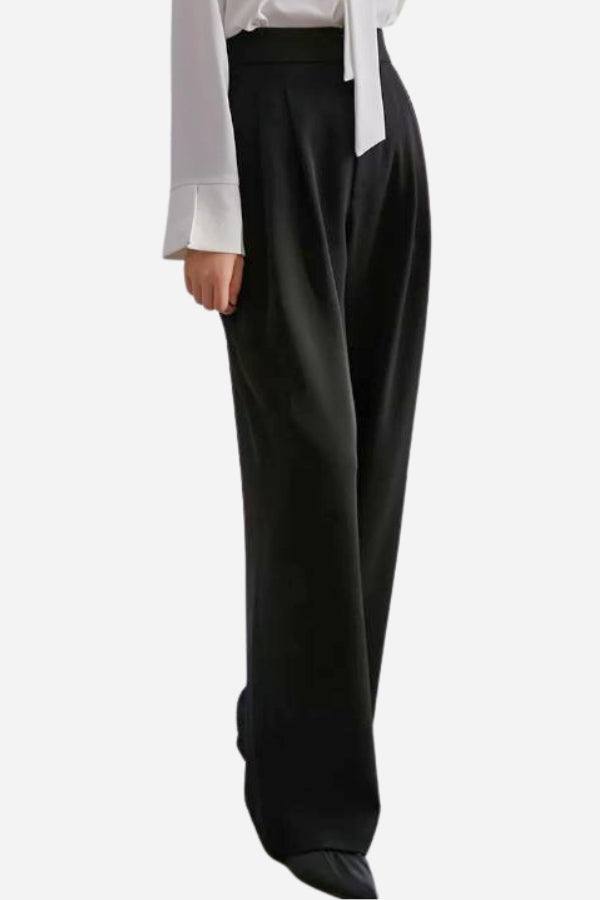 Black casual loose wide-leg high-waisted straight pants for women