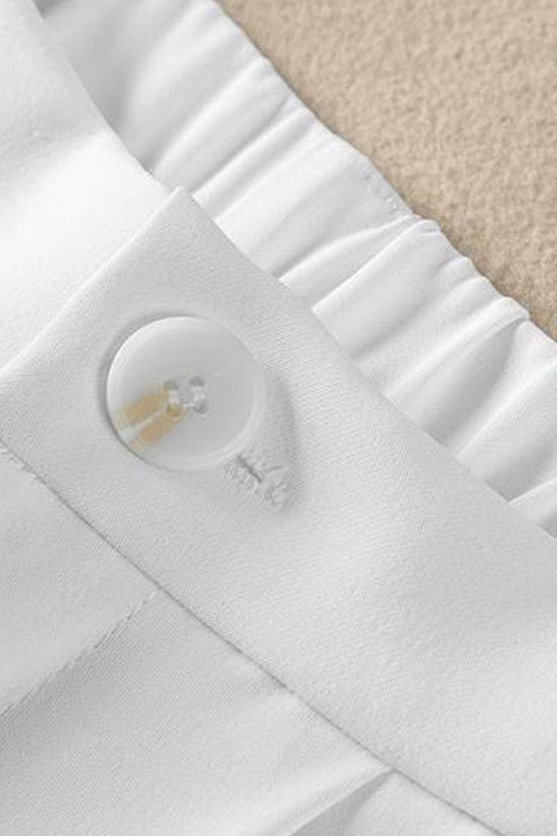 Close-up of white casual loose wide-leg high-waisted pants waistband with button detail