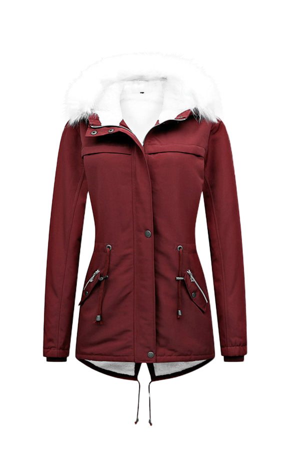 Thick long-sleeve zipper overcoat in red with white fur-lined hood, stylish and warm winter jacket