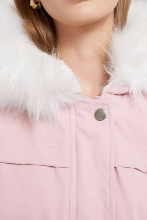 Close-up of a thick long-sleeve zipper overcoat with soft white fur collar and pink fabric