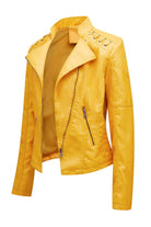 Yellow slim fit leather motorcycle jacket with zipper closure and quilted shoulder detail