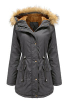Large hooded velvet coat with fur trim, warm cotton velvet material, adjustable zipper, and windproof cuffs.