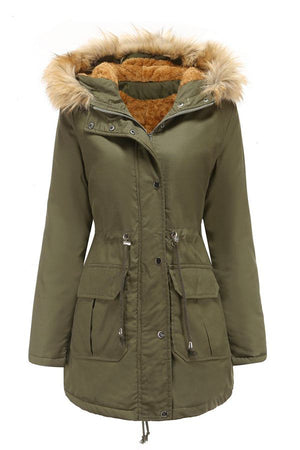 Large hooded velvet coat in olive green with faux fur trim and multiple pockets