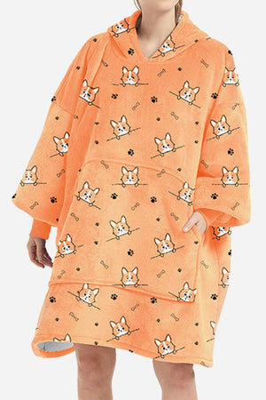 Snuggly oversized hooded fleece sweater with dog print, soft flannel and sherpa material, extra warm and cozy design.