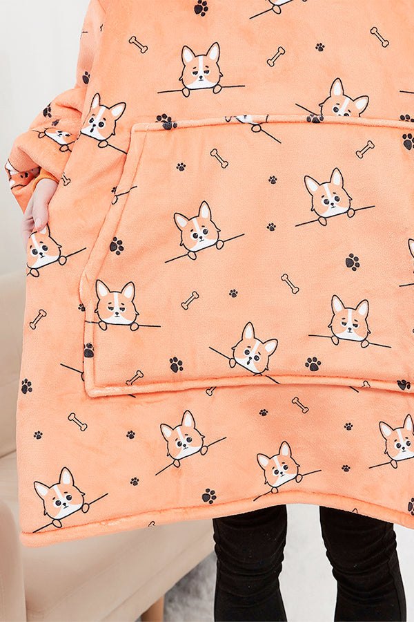 Snuggly oversized hooded fleece sweater with cartoon dog print, front pocket, and soft warm material.