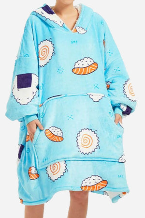 Snuggly oversized hooded fleece sweater with cartoon sushi print, soft warm flannel sherpa material, and front pocket