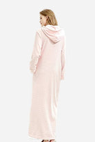 Stylish flannel nightgown with hood, soft thick material, zipper front, and cozy warm design.