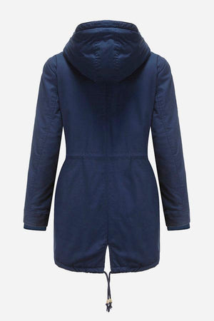 Rear view of extra comfortable cotton parka coat in navy blue with hood and adjustable back hem