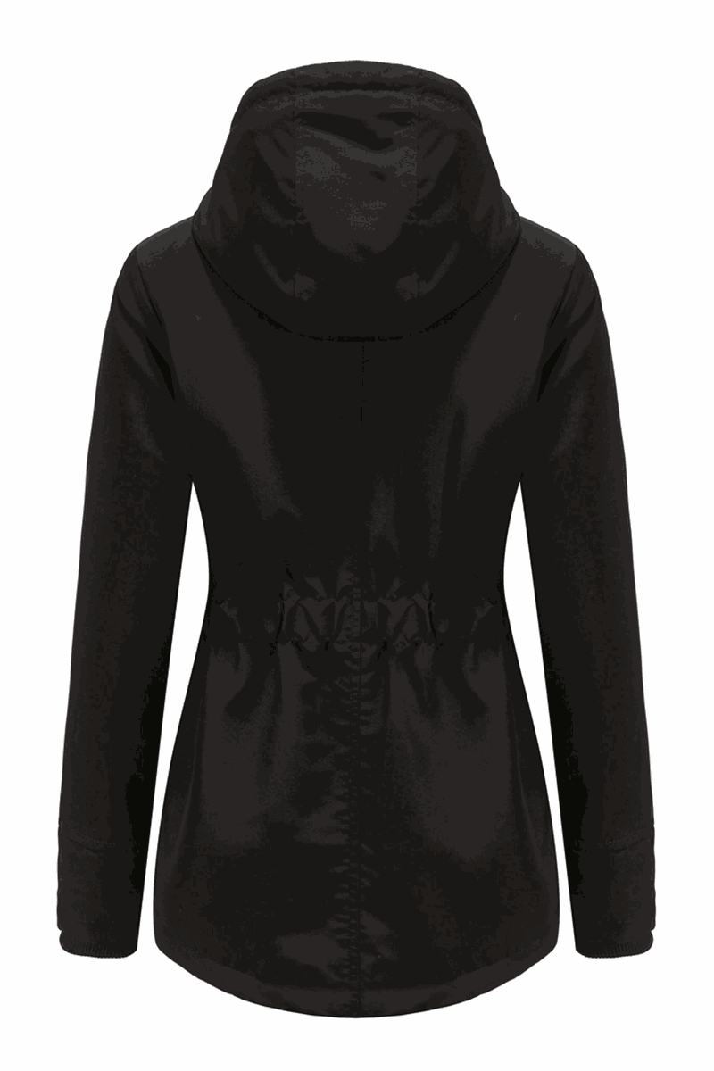 Back view of black casual hooded velvet coat with adjustable waist rope and windproof hood