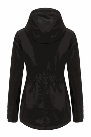 Back view of black casual hooded velvet coat with adjustable waist rope and windproof hood