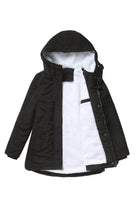 Black casual hooded velvet coat with white fleece lining and front pockets