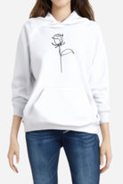 White oversized hoodie with black graffiti rose print, loose fit, and long sleeves for casual comfort and style.