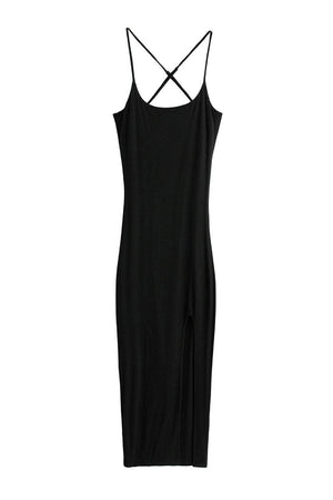 Black elegant side slit midi dress with thin crossed straps and flattering silhouette