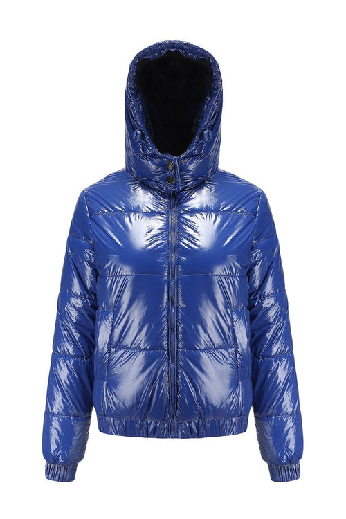 Blue reflective anti-splash slim fit puffer jacket with undetachable hood and water-resistant fabric
