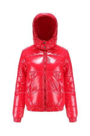 Red reflective anti-splash puffer jacket with slim fit and undetachable hood